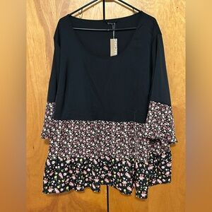 BloomChic Black Floral Tiered Tunic with Floral Accents Flowing Sleeves